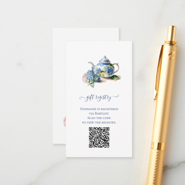Carte D'accompagnement Registre cadeau QR Code Baby shower Blue Hydrangea (Devant/Arrière en situation)