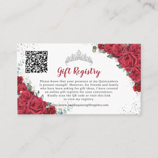 Carte D'accompagnement Registre cadeau Red Floral Quinceañera QR (Devant)