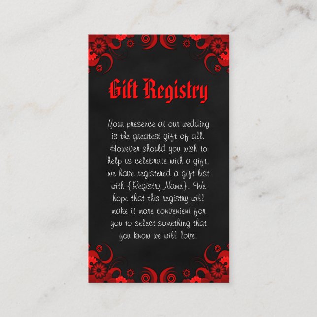 Carte D'accompagnement Registre Cadeaux de Mini Mariage Floral Noir et Ro (Devant)