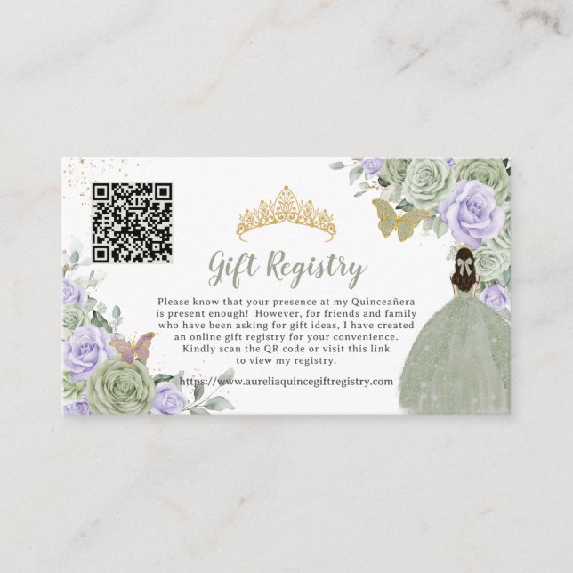 Carte D'accompagnement Registre Cadeaux Sage Green Lilac Floral Quinceañe (Devant)
