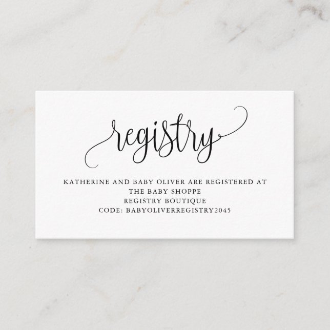 Carte D'accompagnement Registre de Baby shower de script de style noir (Devant)
