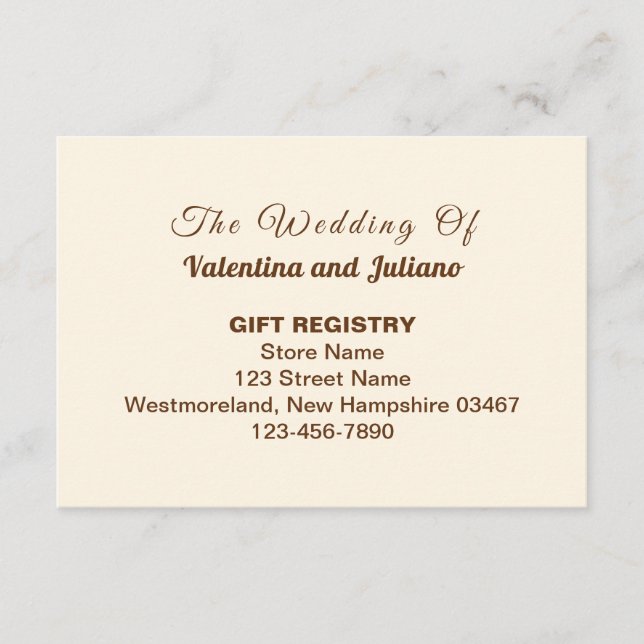 Carte D'accompagnement Registre de cadeaux de mariage en typographie marr (Devant)