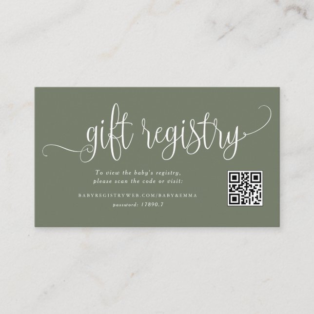 Carte D'accompagnement Registre de code QR du Baby shower de script vert  (Devant)