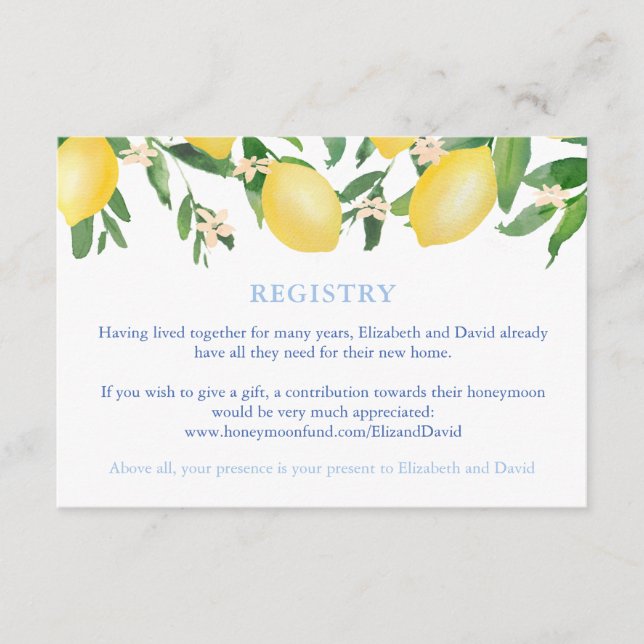 Carte D'accompagnement Registre de mariage avec des citrons et des carrea (Devant)
