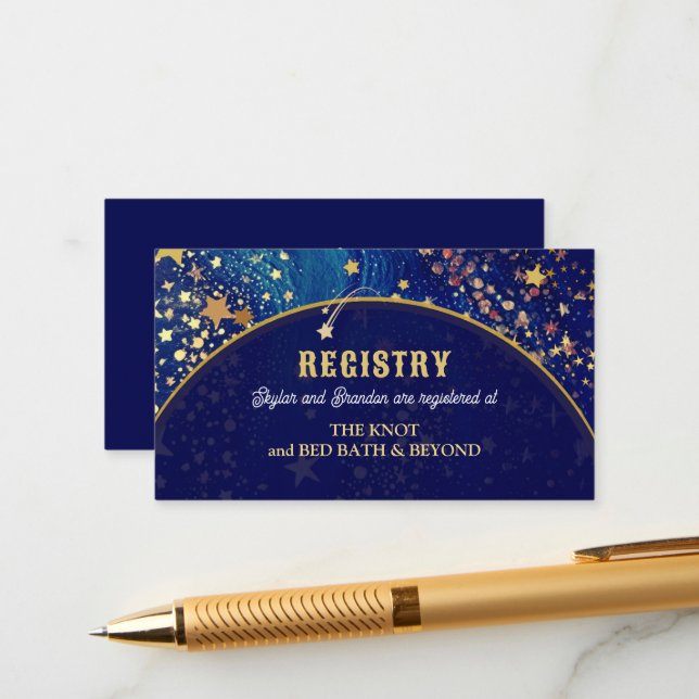 Carte D'accompagnement Registre de mariage bleu nuit étoilée céleste (Devant/Arrière en situation)