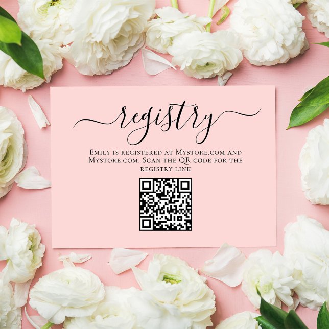 Carte D'accompagnement Registre de script de calligraphie rose Fête des m (Bridal shower enclosure card gift registry with scannable QR code. )