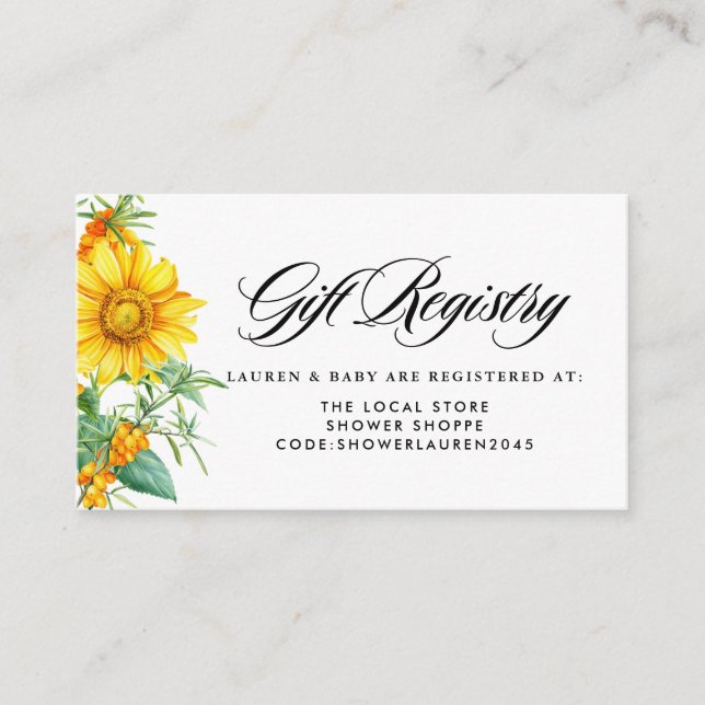 Carte D'accompagnement Registre des Baby showers de tournesol et d'épine  (Devant)