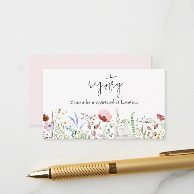 Carte D'accompagnement Registre des Baby showers fleurs sauvages pour fil (Devant/Arrière en situation)