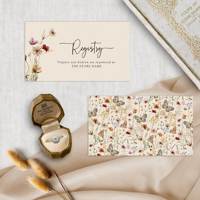 Carte D'accompagnement Registre des cadeaux Boho (Tan Wildflower with Butterflies Boho Floral Gift Registry Enclosure Card by Painted Paperie
)