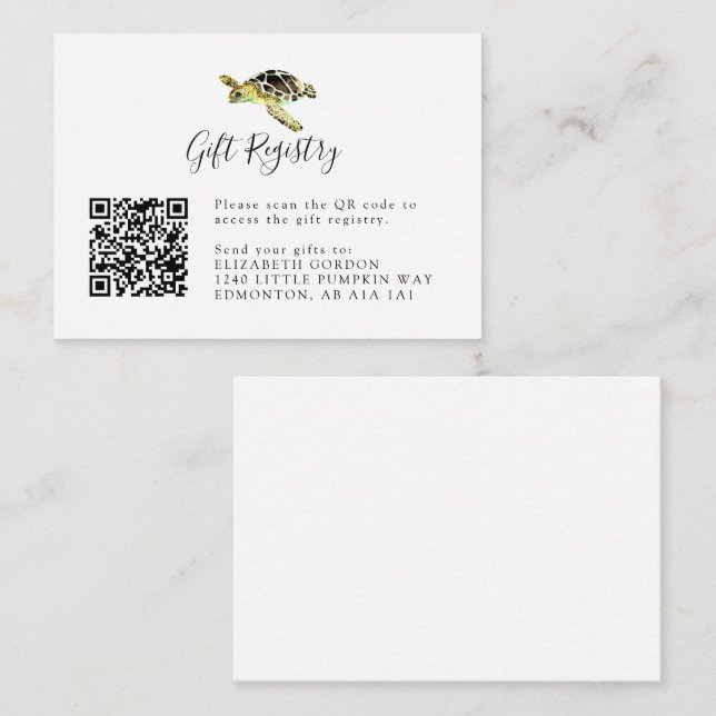 Carte D'accompagnement Registre des cadeaux QR Code Baby shower de tortue (Devant / Derrière)