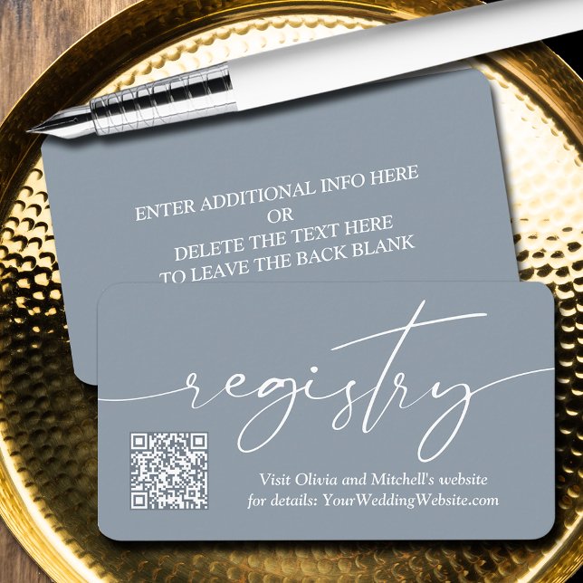 Carte D'accompagnement Registre simple d'écriture de code QR Mariage (QR Code on handwritten script wedding registry enclosure cards - Dusty Blue, more info on back)
