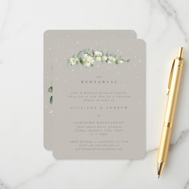 Carte D'accompagnement Répétition Mariage Greige Snowberry+Eucalyptus (Devant/Arrière en situation)