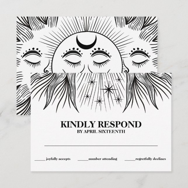 Carte D'accompagnement Réponse Céleste Soleil Lune Étoiles Bohème Main Fe (Devant / Derrière)