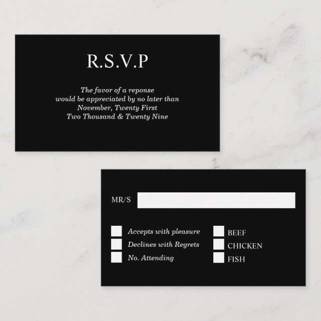 Carte D'accompagnement Réponse de l'invité rsvp de couleur noire (Devant / Derrière)