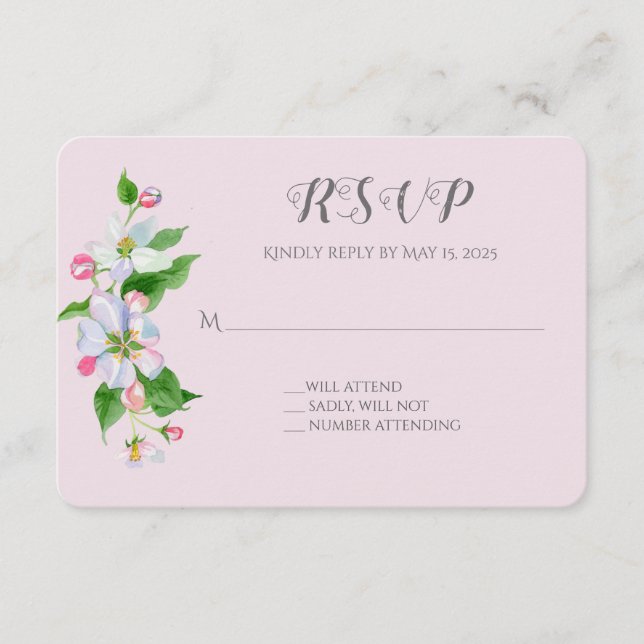 Carte D'accompagnement réponse de mariage à fleur de pommier sur fond ros (Devant)