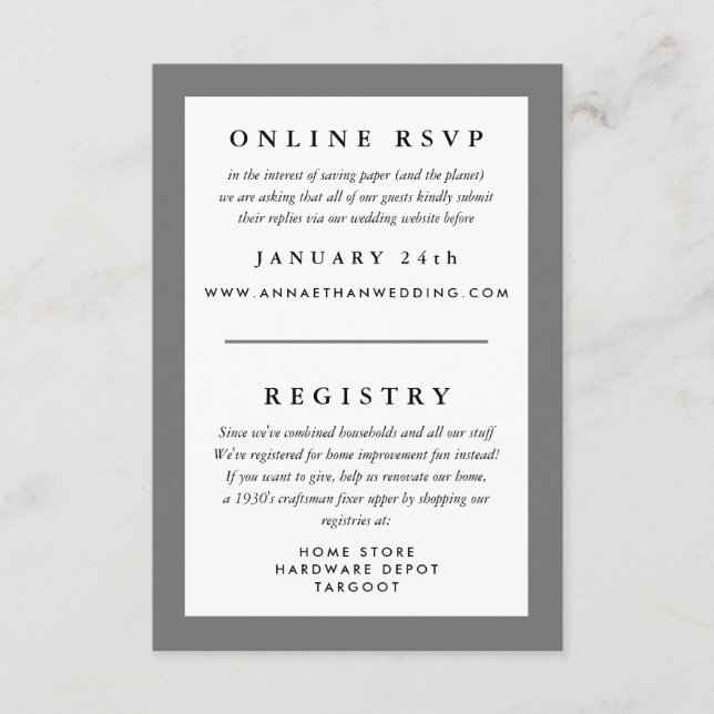 Carte D'accompagnement Réponse de mariage avec cadre gris RSVP et registr (Devant)