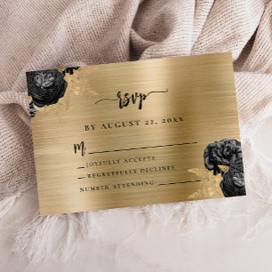 Carte D'accompagnement Réponse de mariage en métal brossé or floral noir