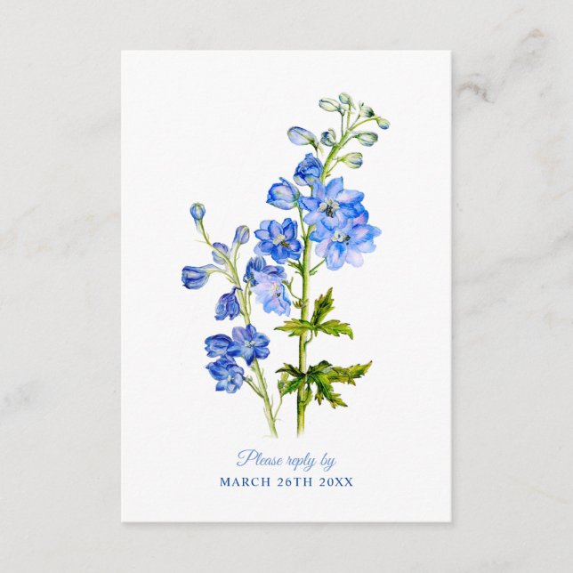 Carte D'accompagnement Réponse du mariage fleurs de delphinium bleu (Devant)