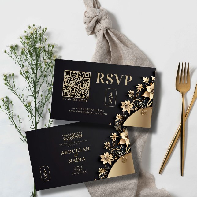 Carte D'accompagnement Réponse QR de mariage islamique floral doré luxueu (Créateur téléchargé)