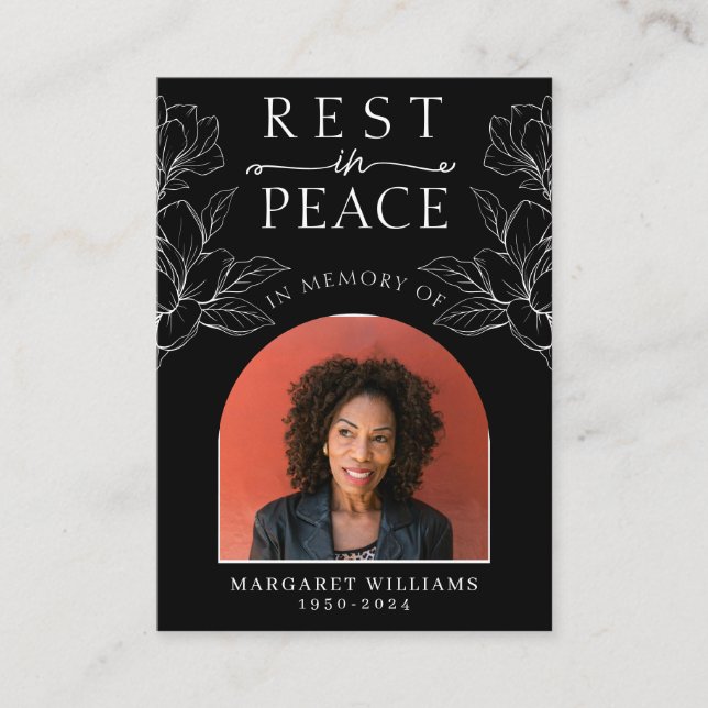 Carte D'accompagnement Repose en paix Black Floral Photo Prière funéraire (Devant)