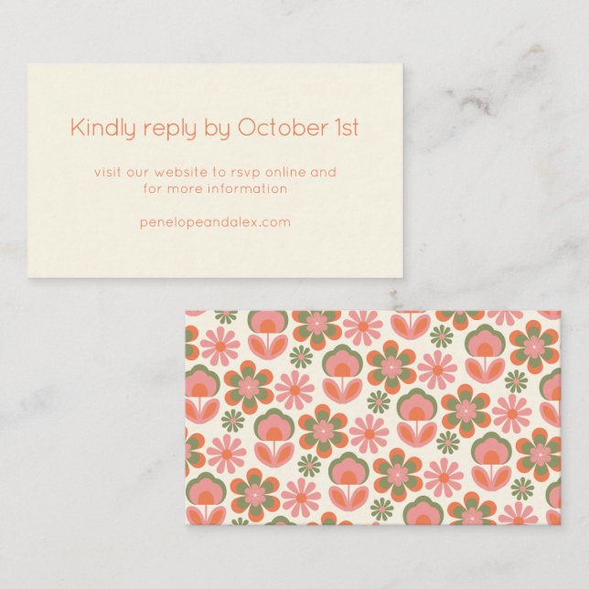 Carte D'accompagnement Retro Boho les années 70 Fleurs Rose Vert Mariage  (Devant / Derrière)