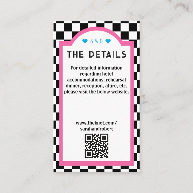 Carte D'accompagnement Retro Checkerboard Rose Bleu Noir & Blanc Détails (Devant)