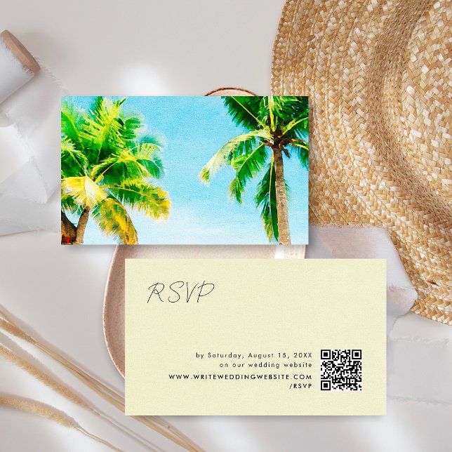 Carte D'accompagnement Retro Palm Trees Beach Wedding RSVP QR Code (Créateur téléchargé)