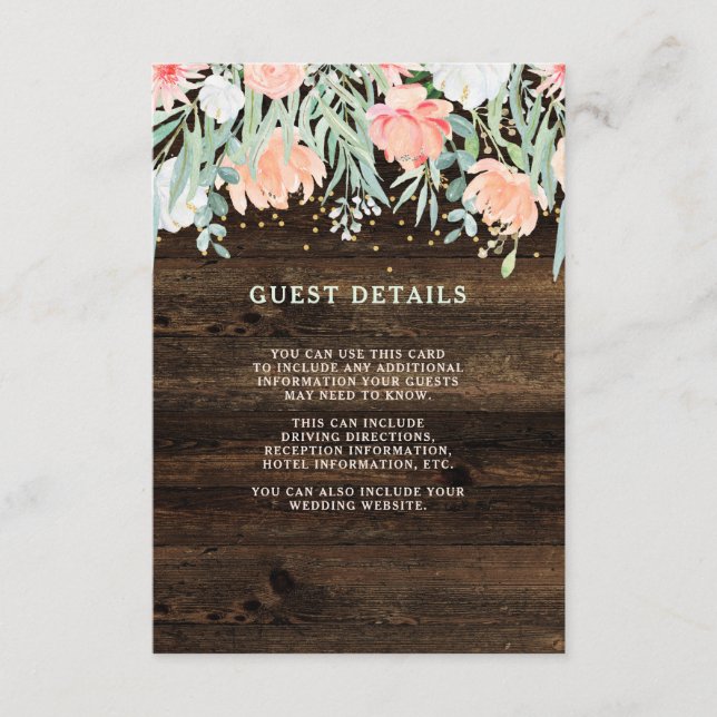 Carte D'accompagnement Romance florale rustique | Détails de l'invité Mar (Devant)