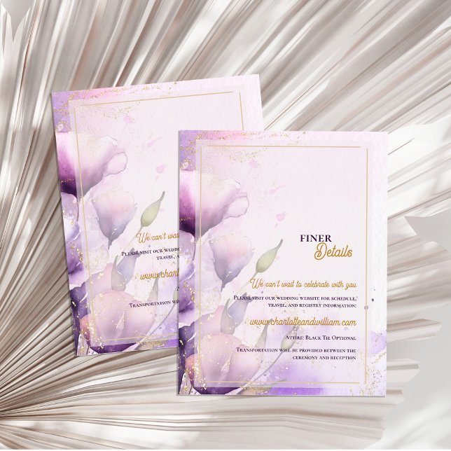 Carte D'accompagnement Romantic Lavender Floral Gold Wedding Details (Romantic Lavender Floral Gold Wedding Details Enclosure Card)