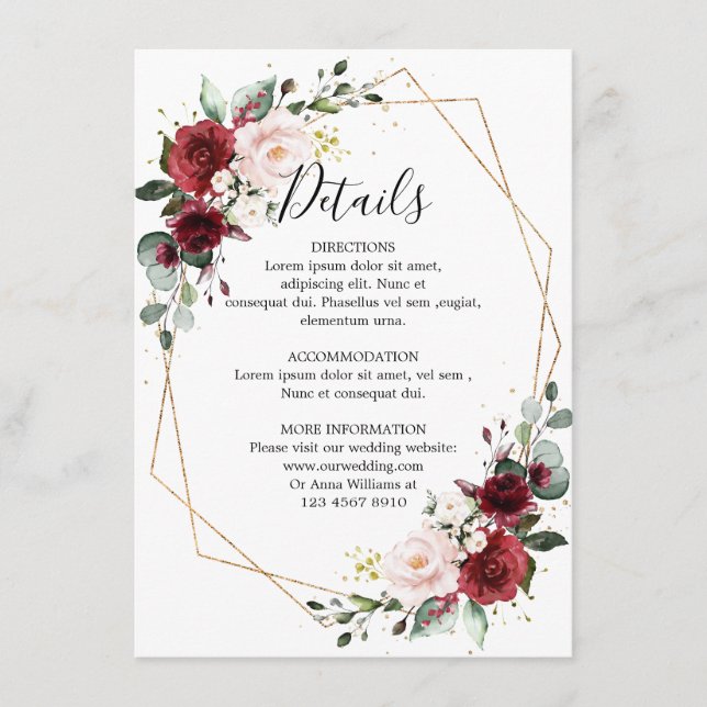 Carte D'accompagnement Romantique Bourgogne rouge Floral Mariage géométri (Devant)