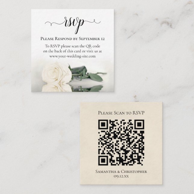Carte D'accompagnement Romantique Rose blanche élégant mariage RSVP QR Co (Devant / Derrière)