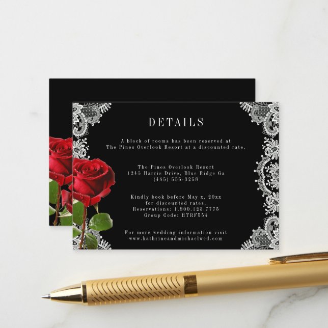 Carte D'accompagnement Romantique Rose rouge Belle Mariage dentelle blanc (Devant/Arrière en situation)