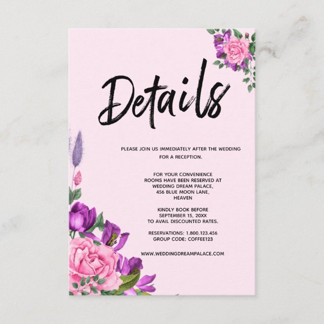 Carte D'accompagnement Romantique violet rose Mariage floral (Devant)