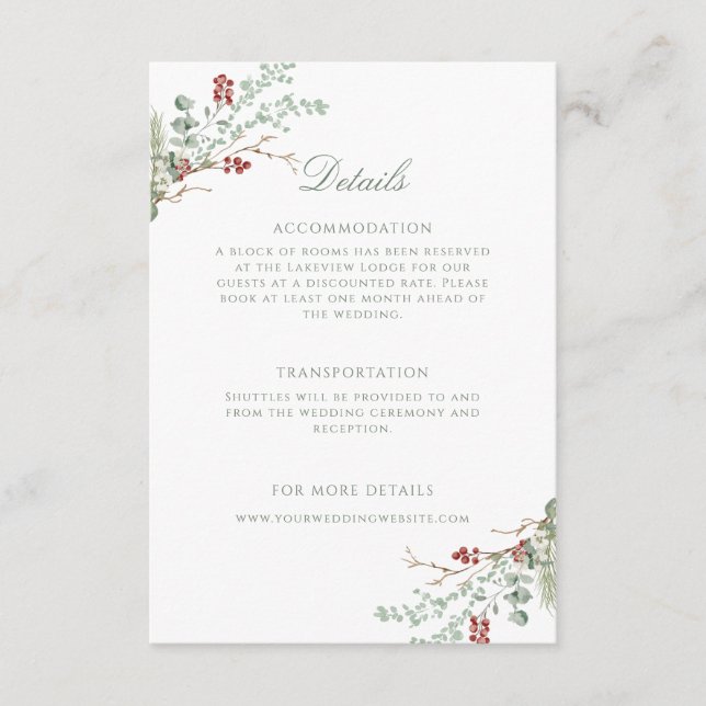Carte D'accompagnement Romantique Winter Greenery Détails du Mariage (Devant)