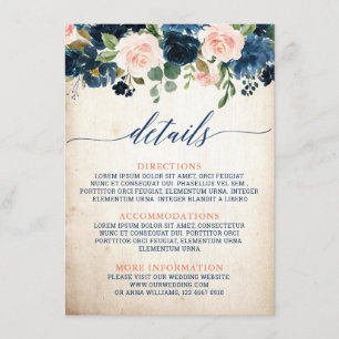Carte D'accompagnement Rose bleu bleu bleu marine Boho Rustique Mariage D