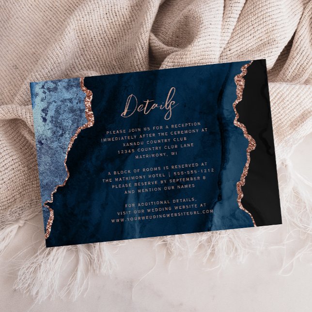 Carte D'accompagnement Rose bleu marine Gold Agate Script Mariage Détails (Créateur téléchargé)