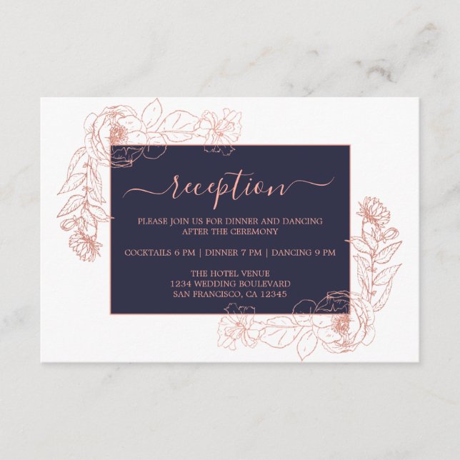 Carte D'accompagnement Rose Bleu Noir Chic Gold Floral Réception de maria (Devant)