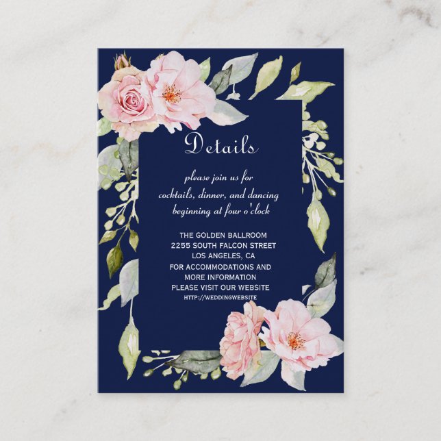 Carte D'accompagnement Rose Blush Floral Navy Blue Détails du Mariage (Devant)