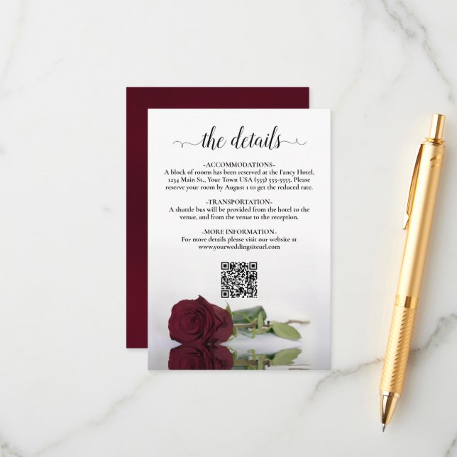 Carte D'accompagnement Rose de Bourgogne - Détails de mariage élégant Cod (Devant/Arrière en situation)