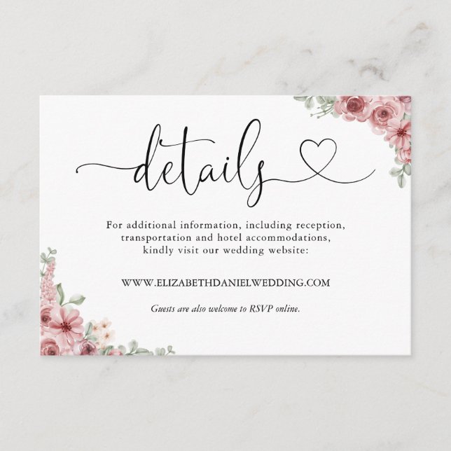 Carte D'accompagnement Rose Floral Heart Script Détails du Mariage (Devant)