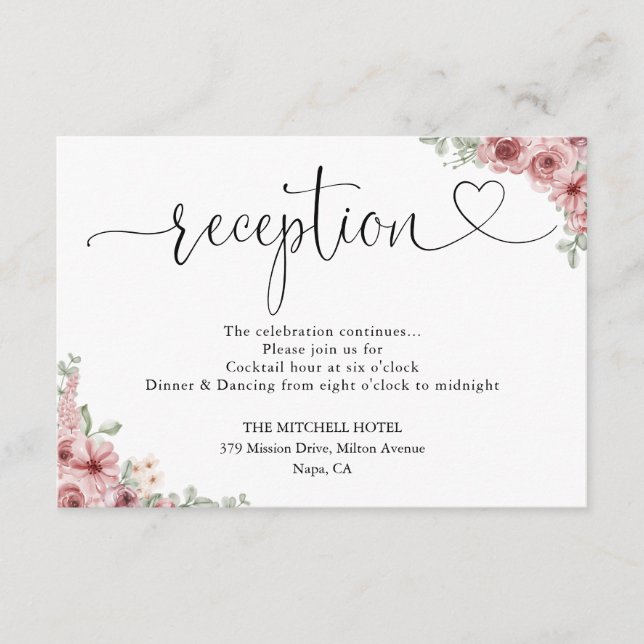 Carte D'accompagnement Rose Floral Heart Script Mariage Réception (Devant)