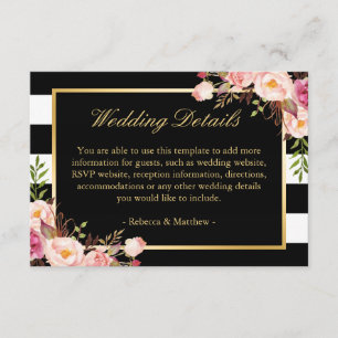 Carte D'accompagnement Rose Floral Or Black Stripes Détails du Mariage