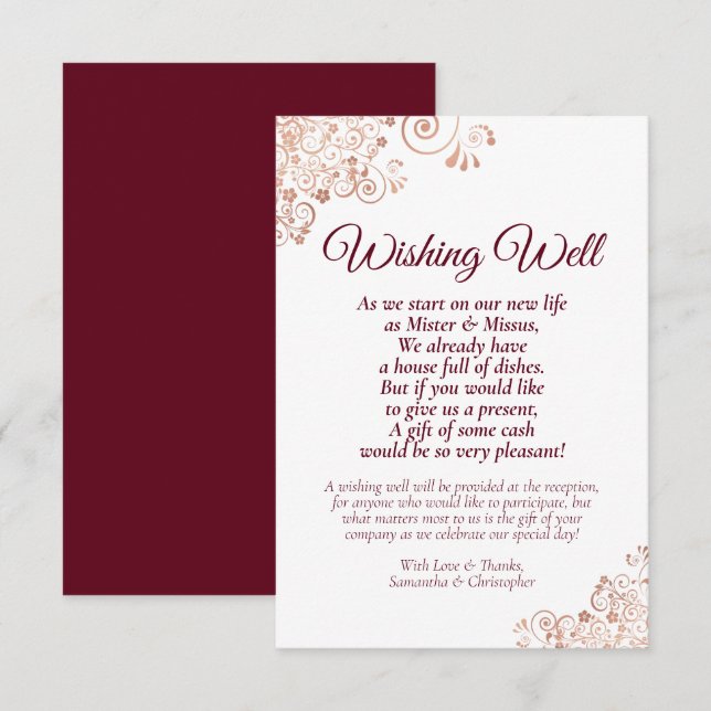 Carte D'accompagnement Rose Gold & Bourgogne Mariage Wishing Poem (Devant / Derrière)
