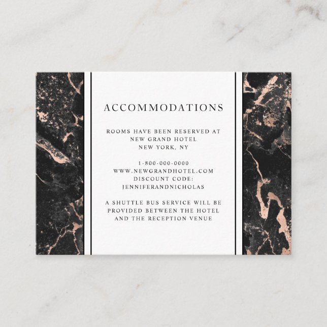 Carte D'accompagnement Rose Gold Marbre Noir Mariage Hébergements  (Devant)
