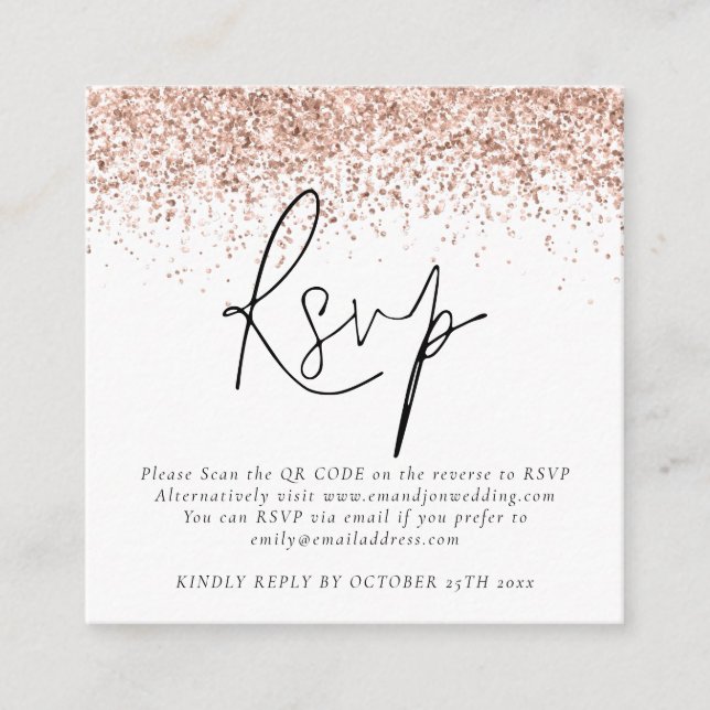Carte D'accompagnement Rose Gold Parties scintillant QR Code Script Weddi (Devant)