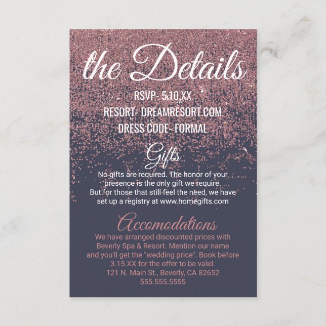 Carte D'accompagnement Rose Gold Parties scintillant Sparkle Navy Blue Ma (Devant)