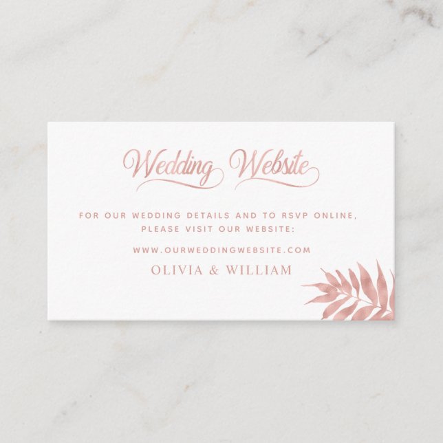 Carte D'accompagnement Rose Gold Tropical Leaf Élégant mariage site (Devant)