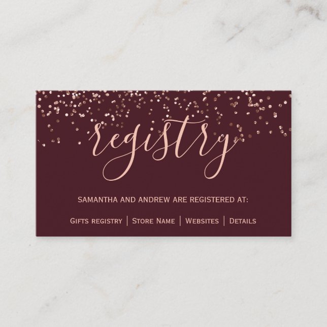 Carte D'accompagnement Rose or confetti burgundy chic registre mariage (Devant)