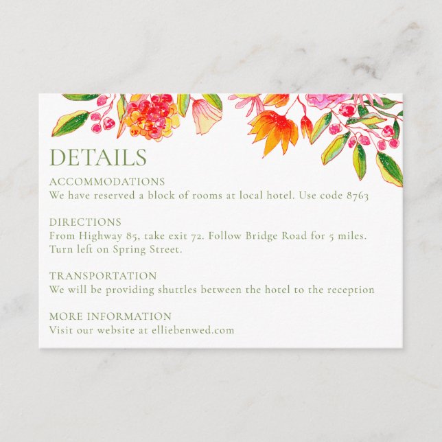 Carte D'accompagnement Rose Orange Vert Floral Simple Détails Mariage (Devant)