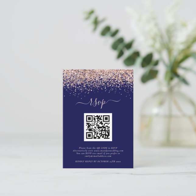 Carte D'accompagnement Rose Parties scintillant or QR Code Mariage Navy B (Debout devant)